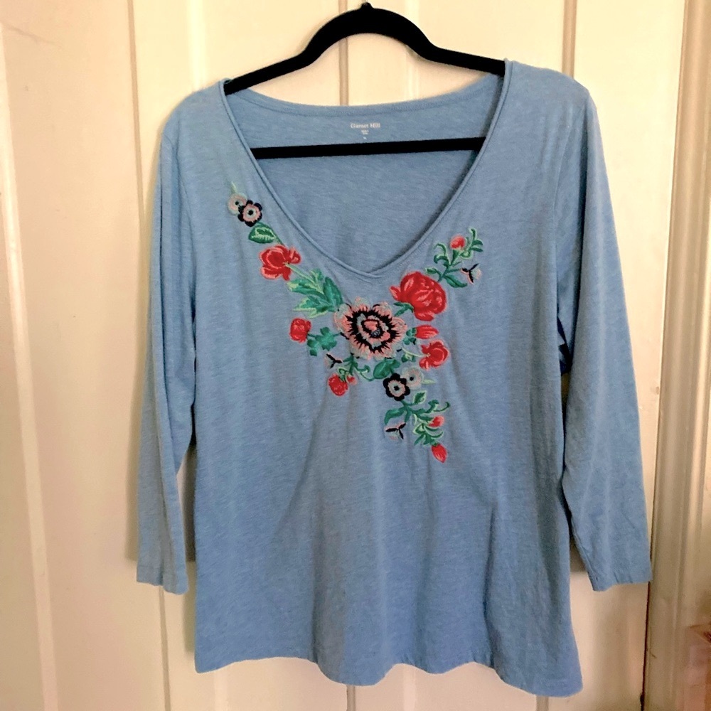 Garnet Hill. Light Blue Top with Floral Embroidery